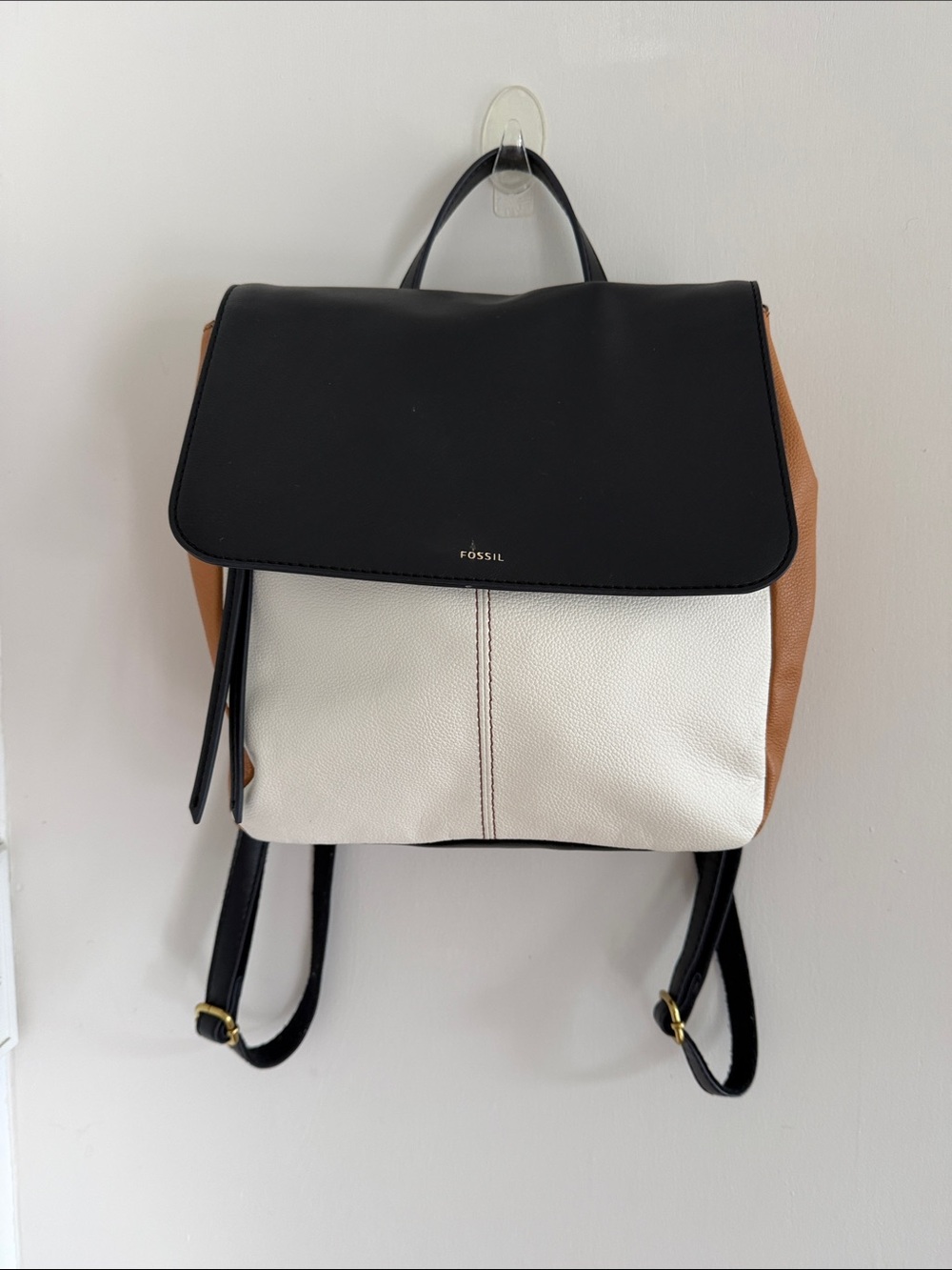 Fossil Claire Colorblock Leather Backpack in Black, Cream & Tan with Top Handle